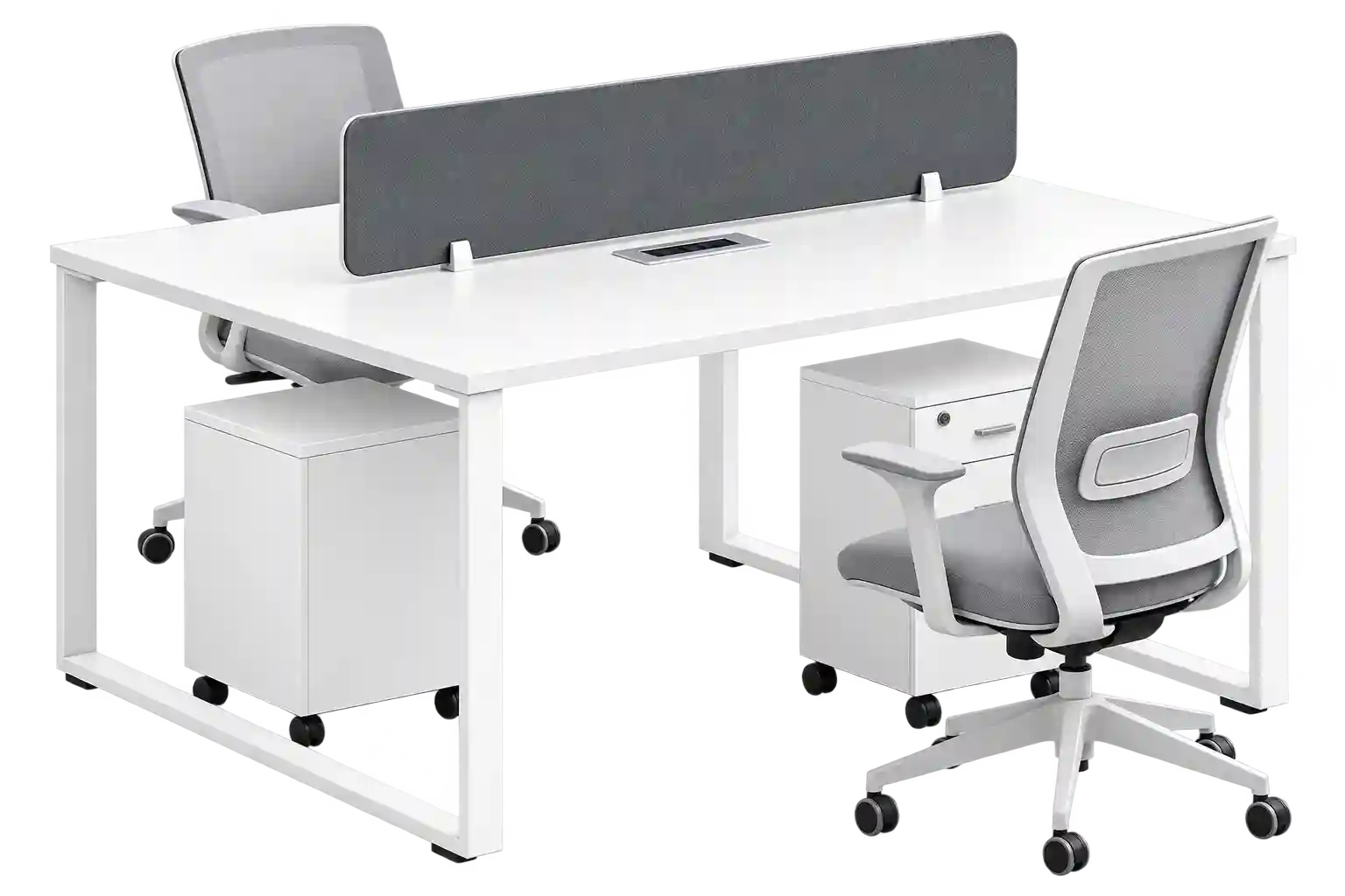 Modern white staff desk with drawer storage and office chair.