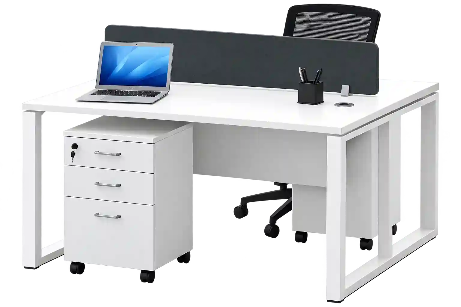 White office desk with drawers and modern workstation layout.