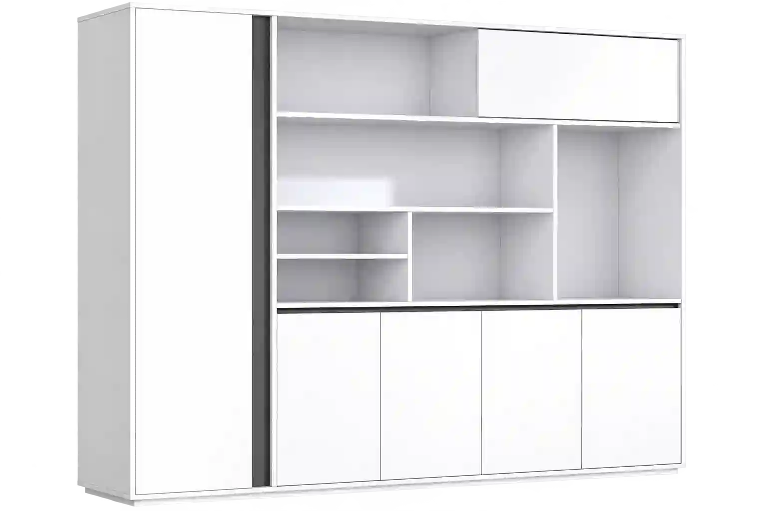 White office storage cabinet with open shelves.