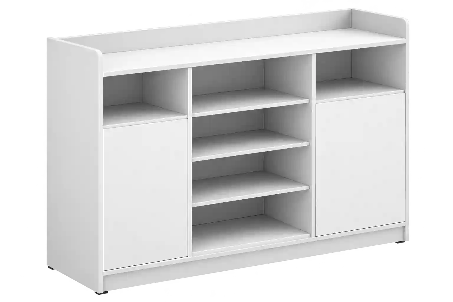 White office desk with integrated open shelf storage.