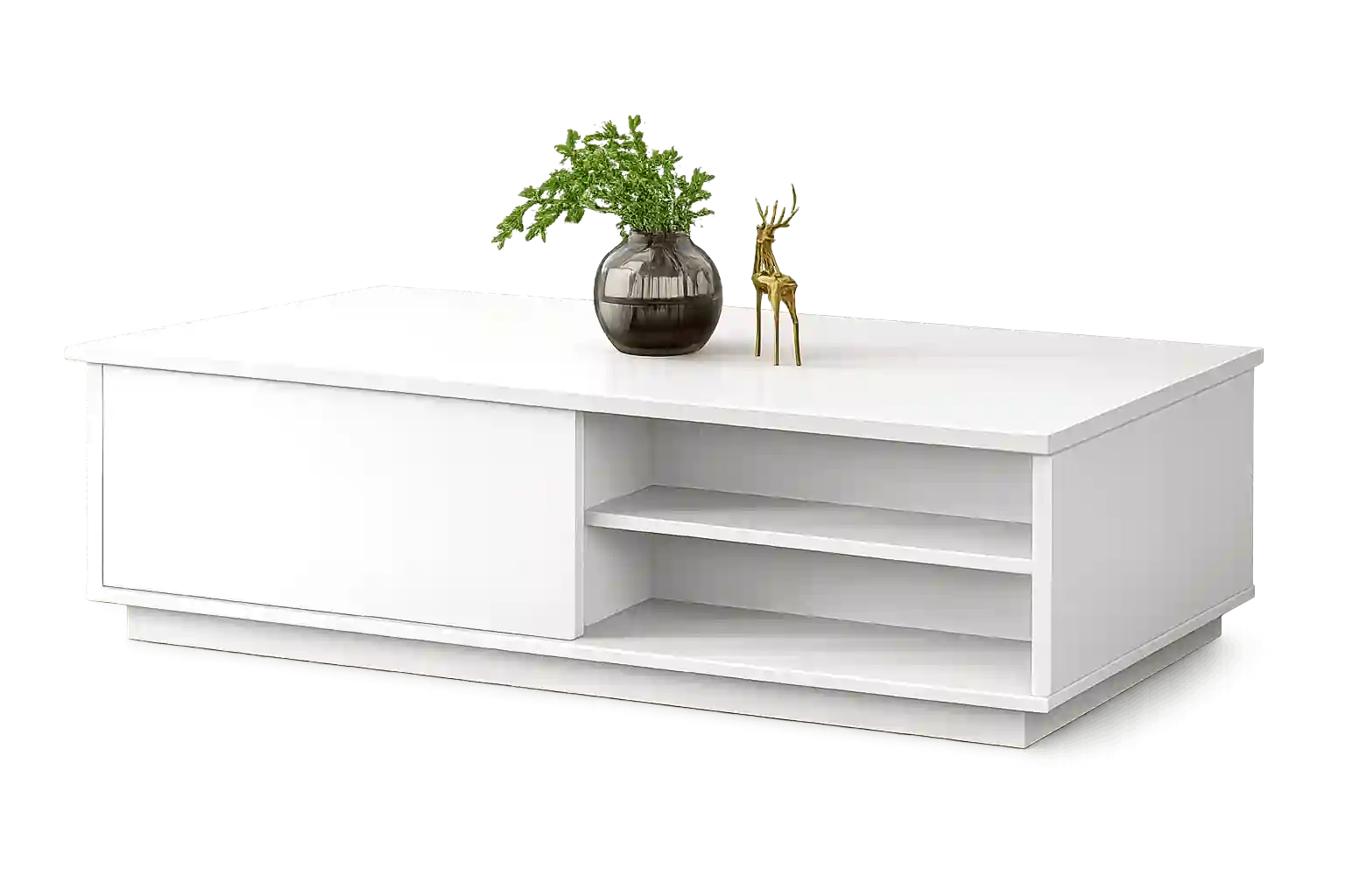 Modern white reception desk with open storage space.