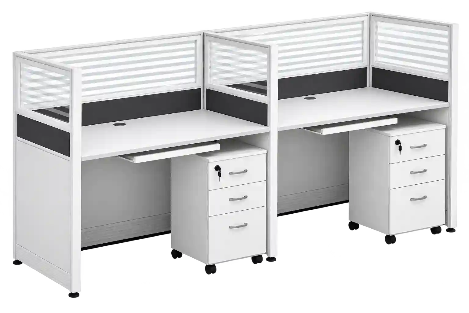 White shared office workstation with multiple desk sections.