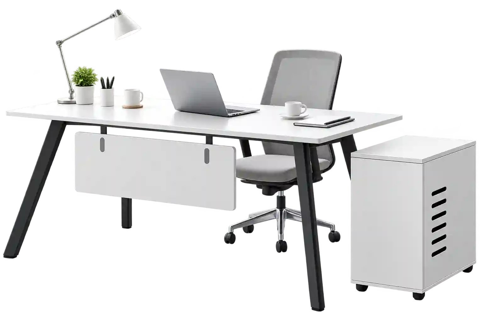White Staff Desks in Qatar with shared workstation design.