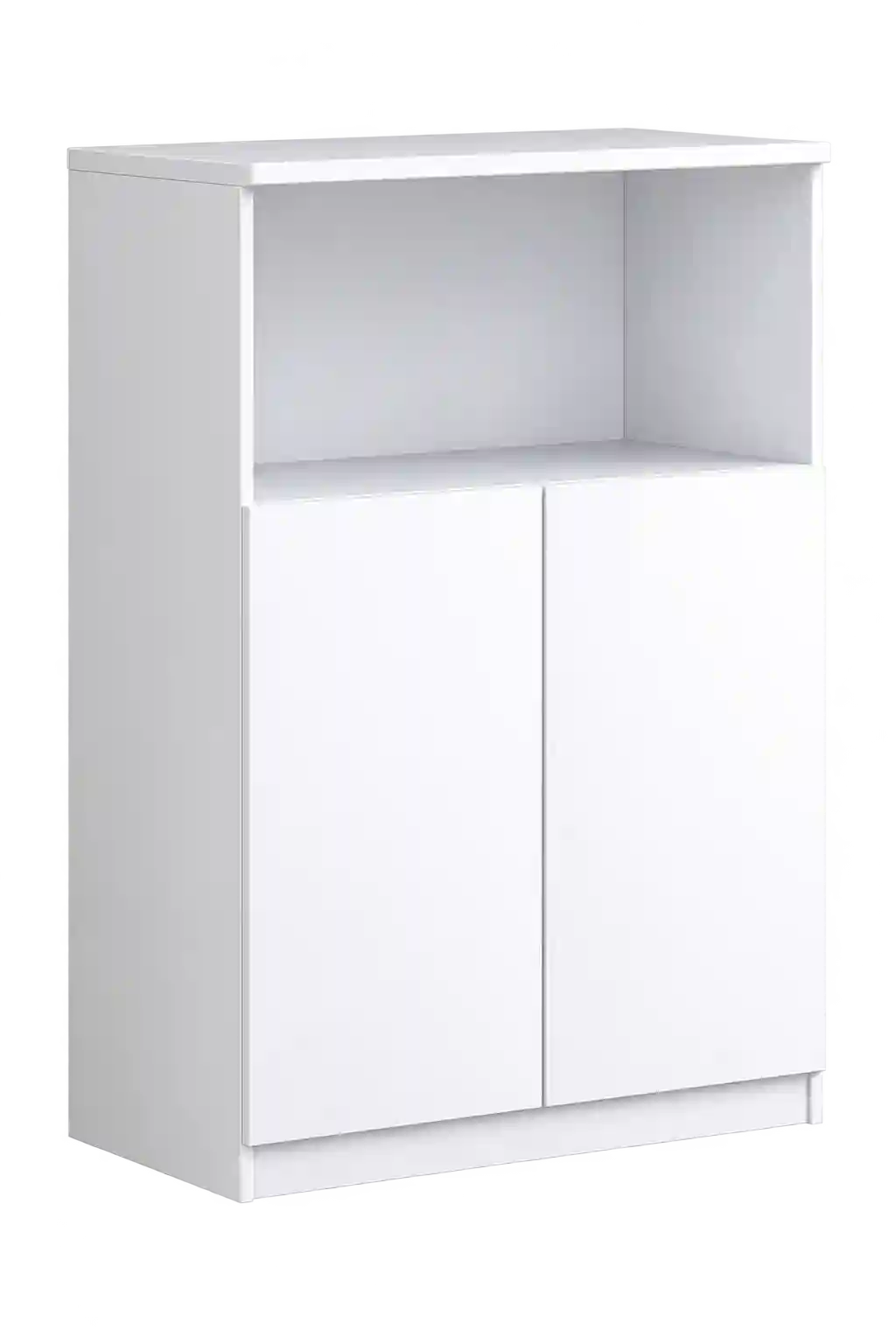 White tall office cabinet with closed storage.