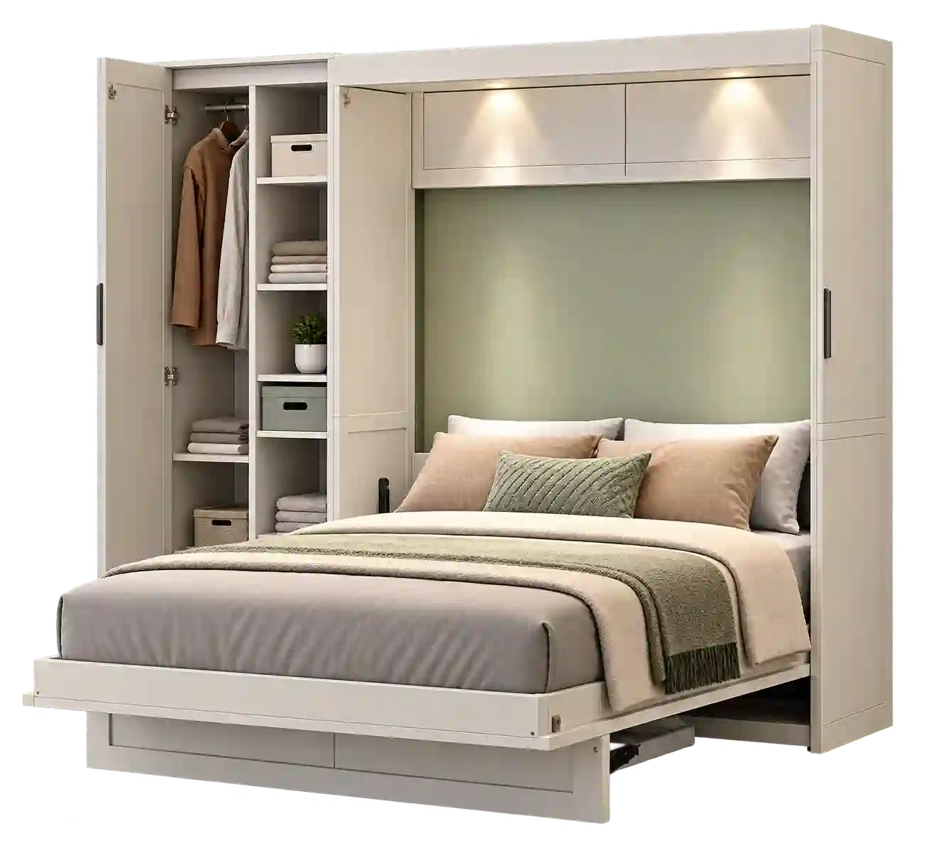Beige Murphy bed with storage shelves from Murphy Bed Suppliers in Qatar.