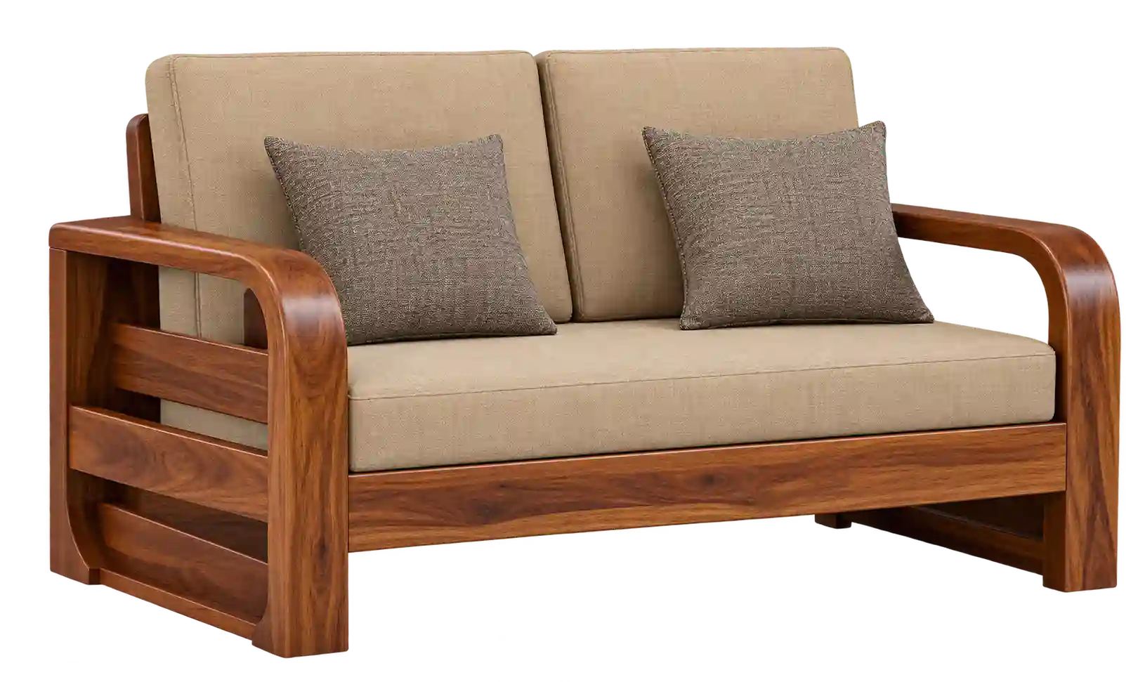 Beige sofa with natural wooden frame and cushions.