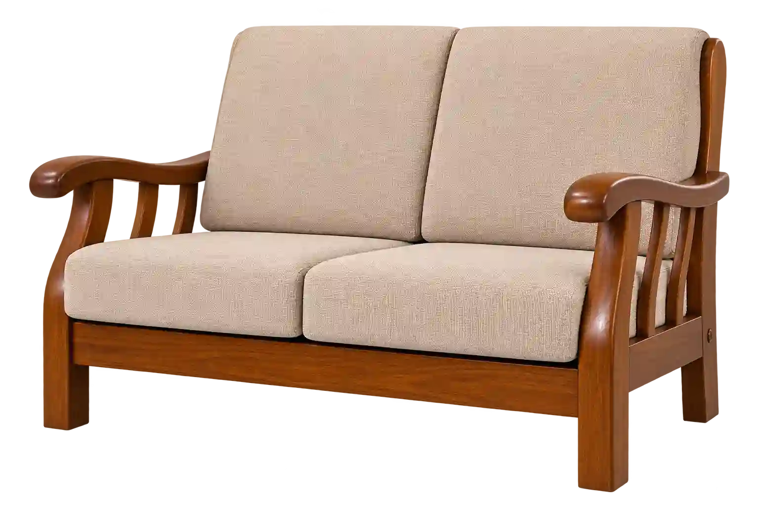 Beige upholstered sofa with wooden armrests.