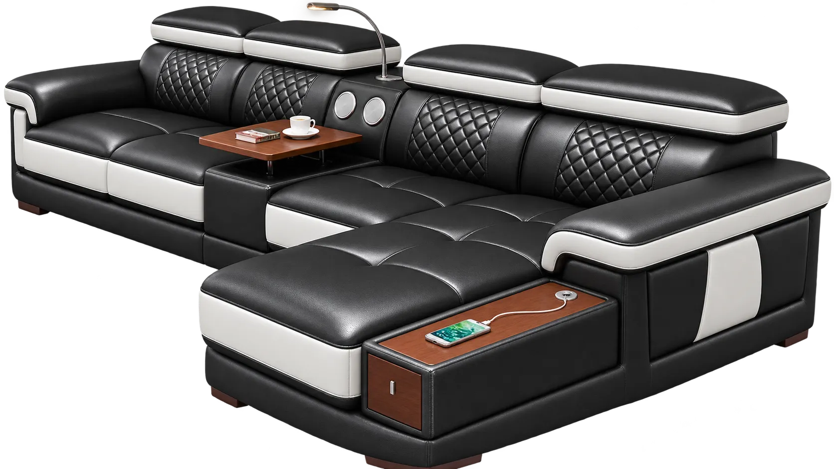 Black reclining sofa set with padded seats and central console.