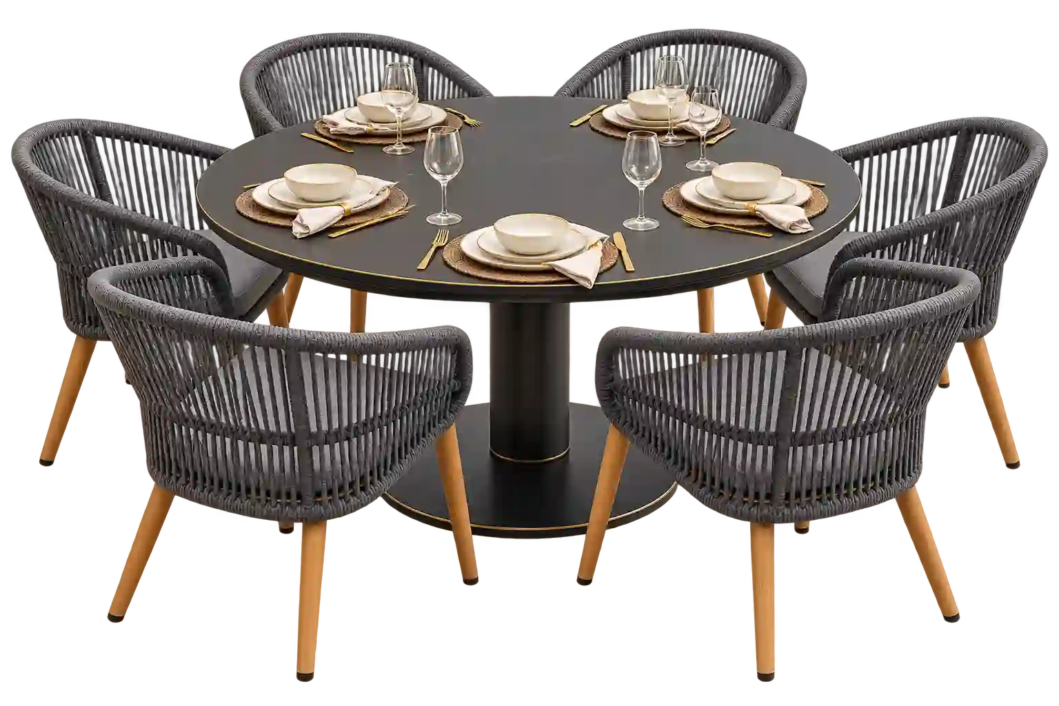 Black round dining table with dark upholstered chairs.