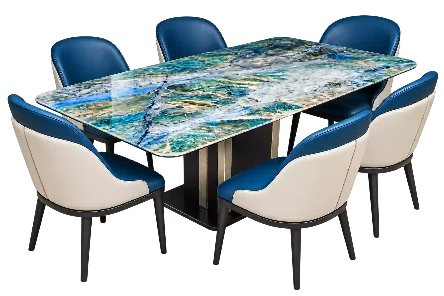 Blue glass dining table set from Dining Table Suppliers in Qatar.