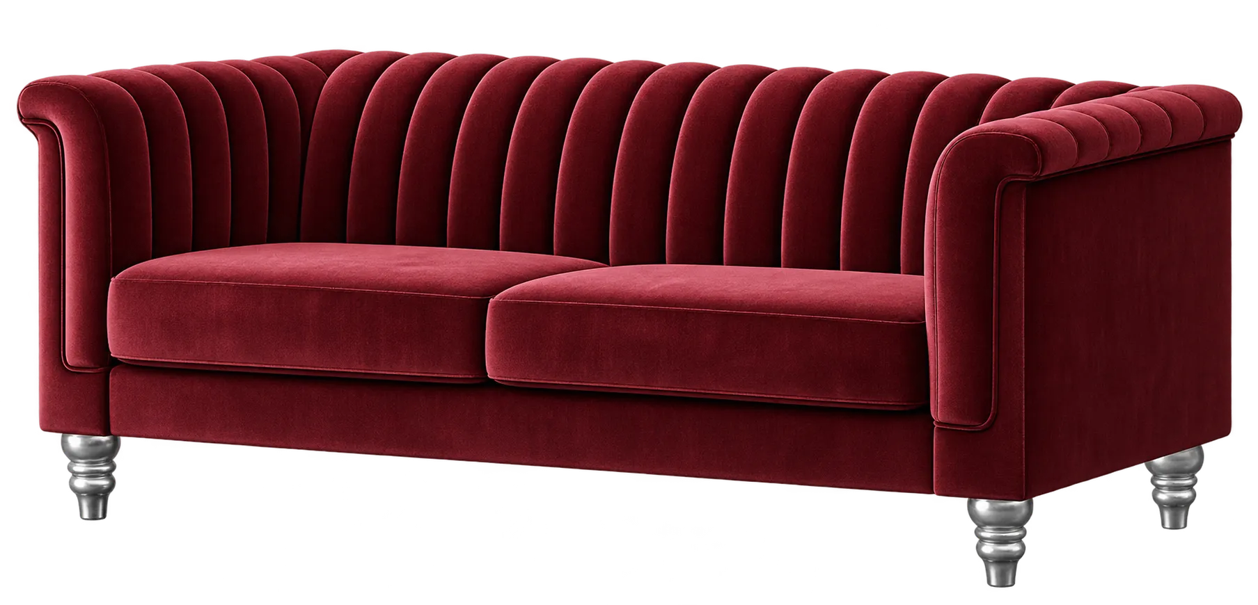 Burgundy upholstered sofa with button-tufted backrest and silver-tone legs.