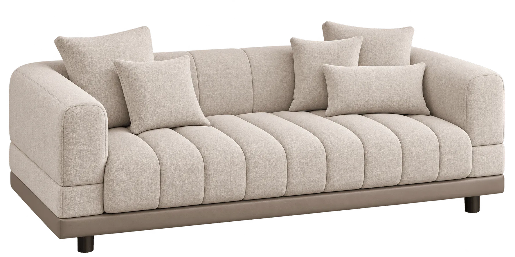 Beige sofa with vertical ribbed back cushions and rounded arms.