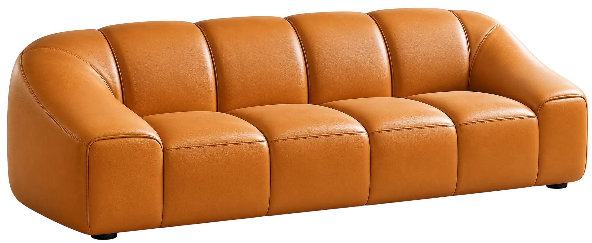 Cognac orange leather sofa with rounded cushions and low profile.