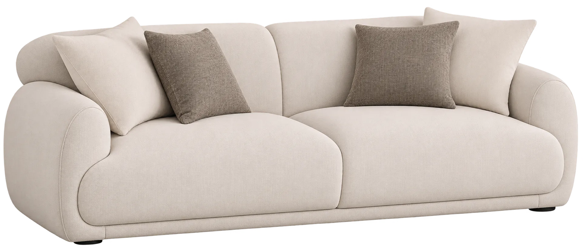 Compact cream sofa with rounded arms and loose back cushions.