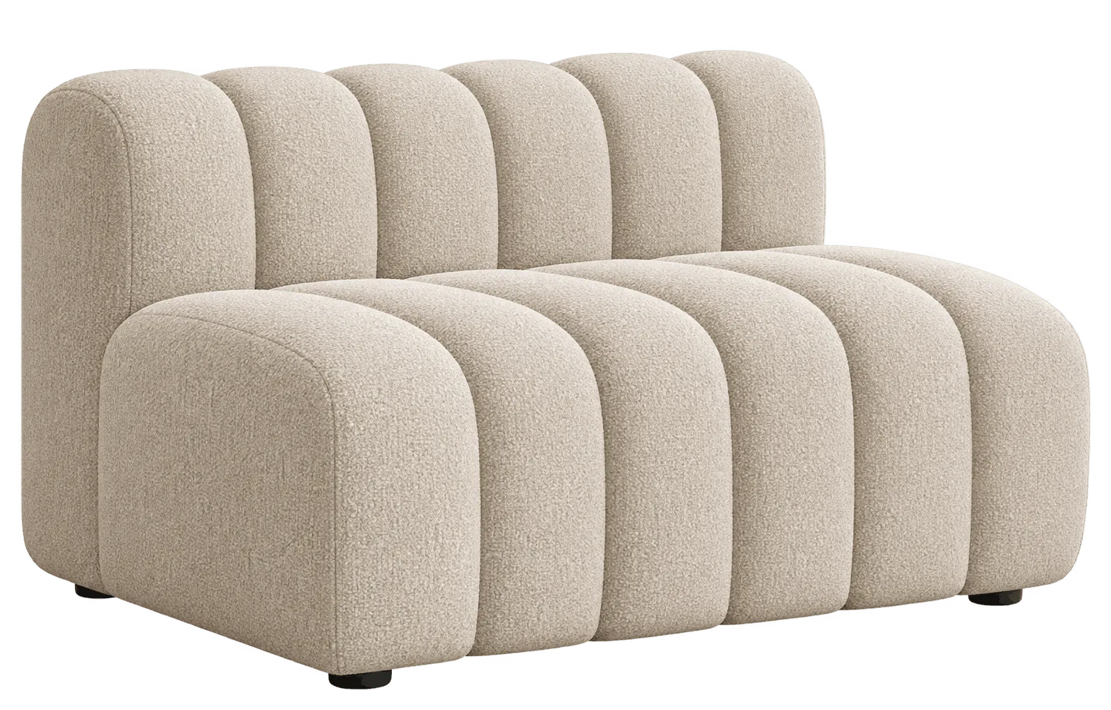 Cream upholstered sofa with a vertical channel backrest.