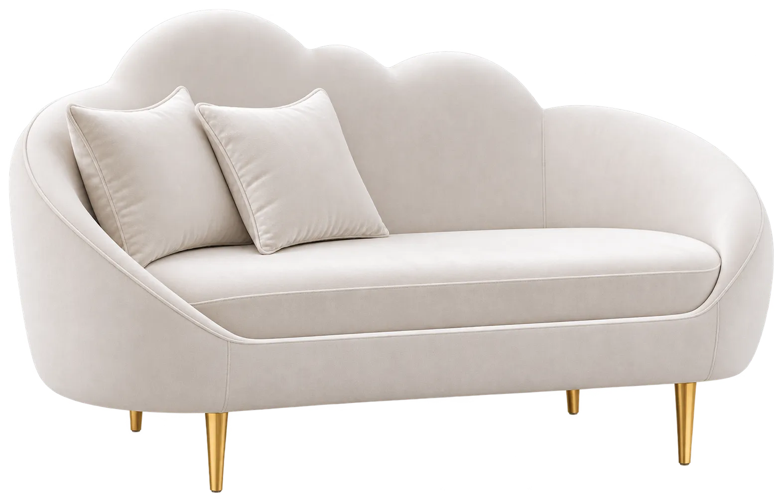 Cream curved loveseat with plush upholstery and tapered wooden legs.
