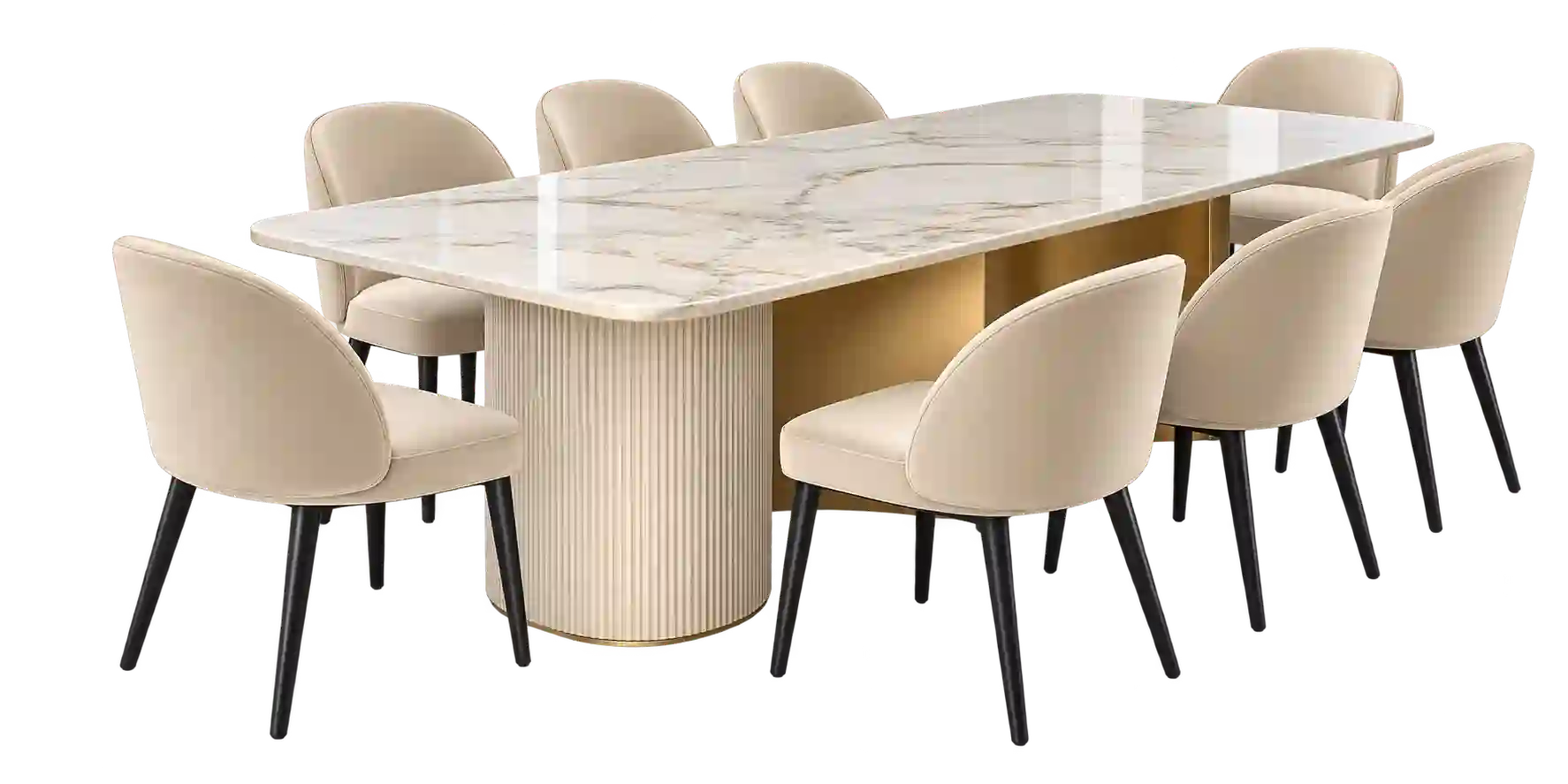 Cream rectangular dining table with matching chairs.