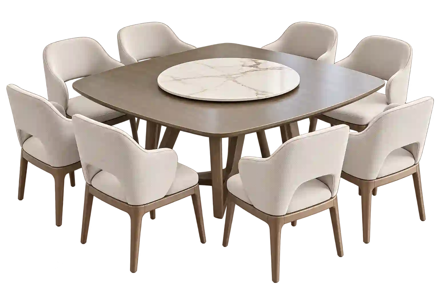 Cream round dining table with matching upholstered chairs.