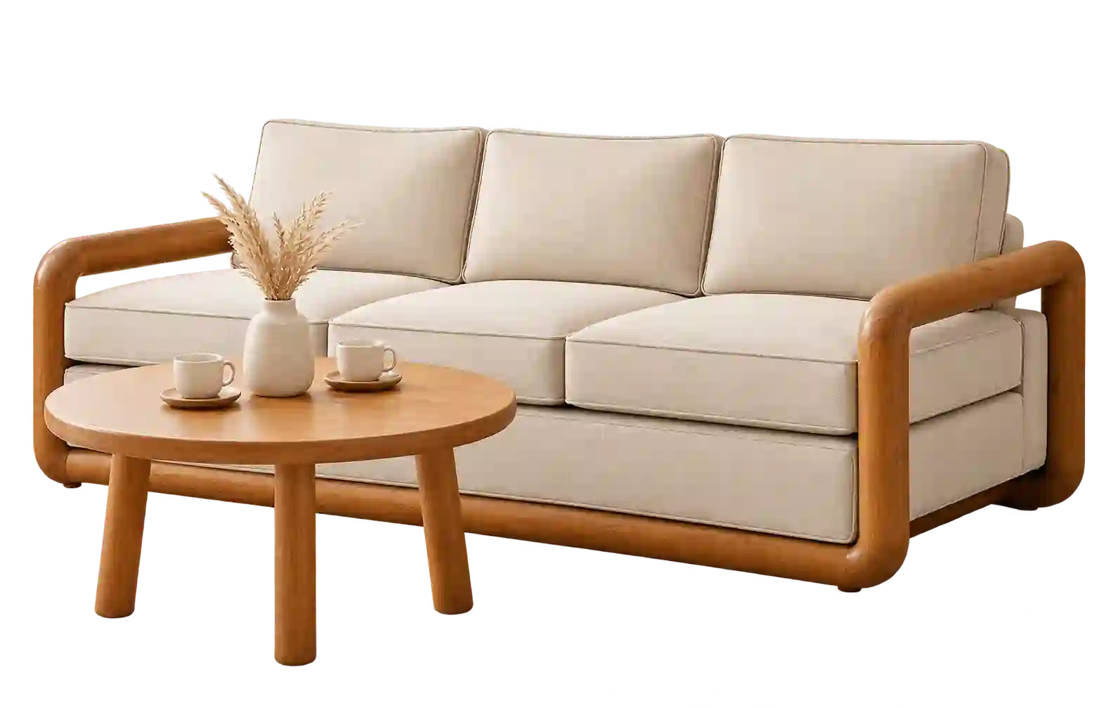 Cream sofa with curved wooden armrests.