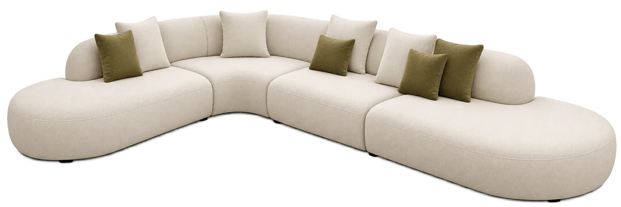 Curved beige corner sectional with connected modular seating.