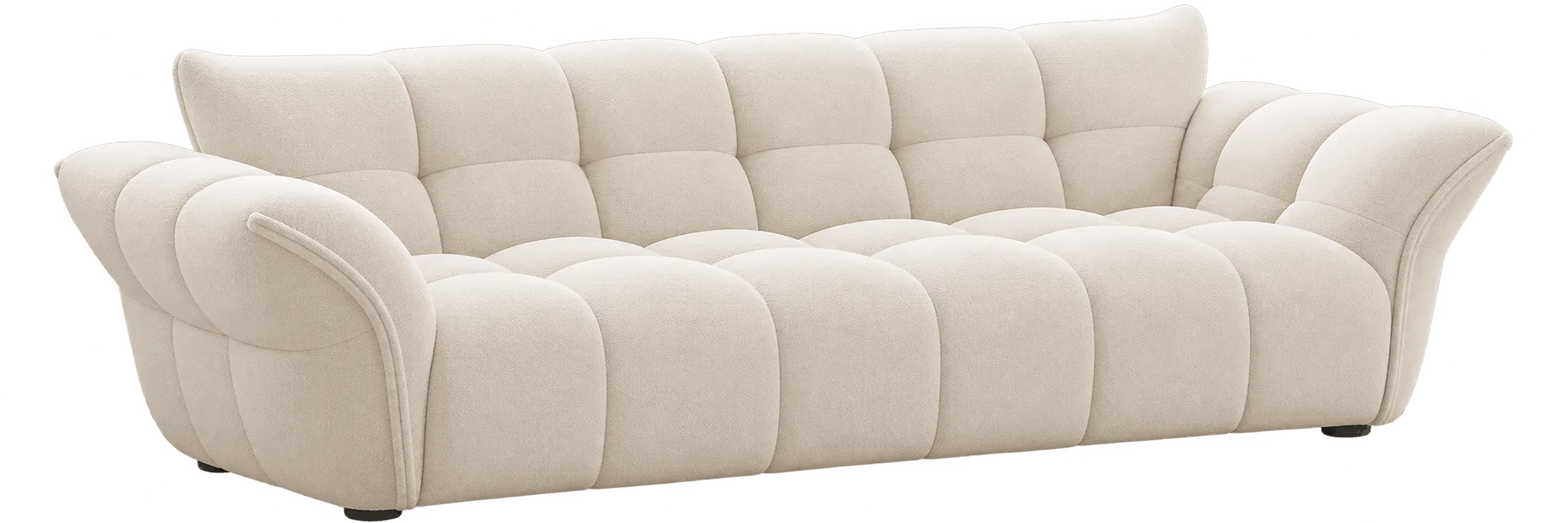 Cream curved sofa with plush cushions and rounded armrests.