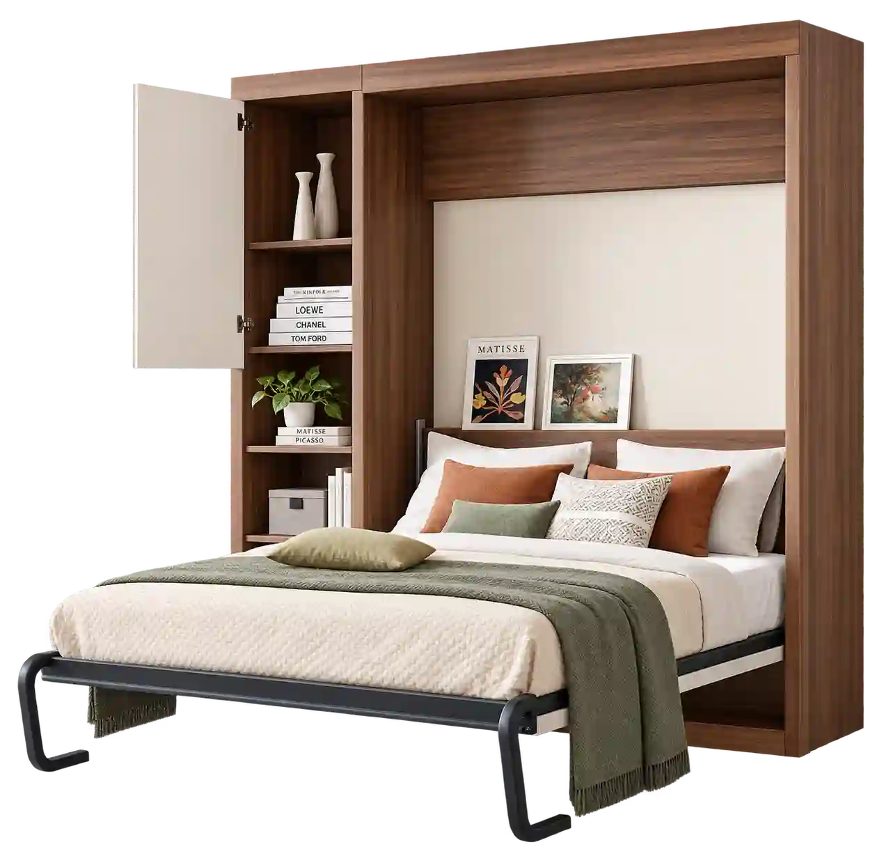 Dark wood Murphy bed with integrated shelving.