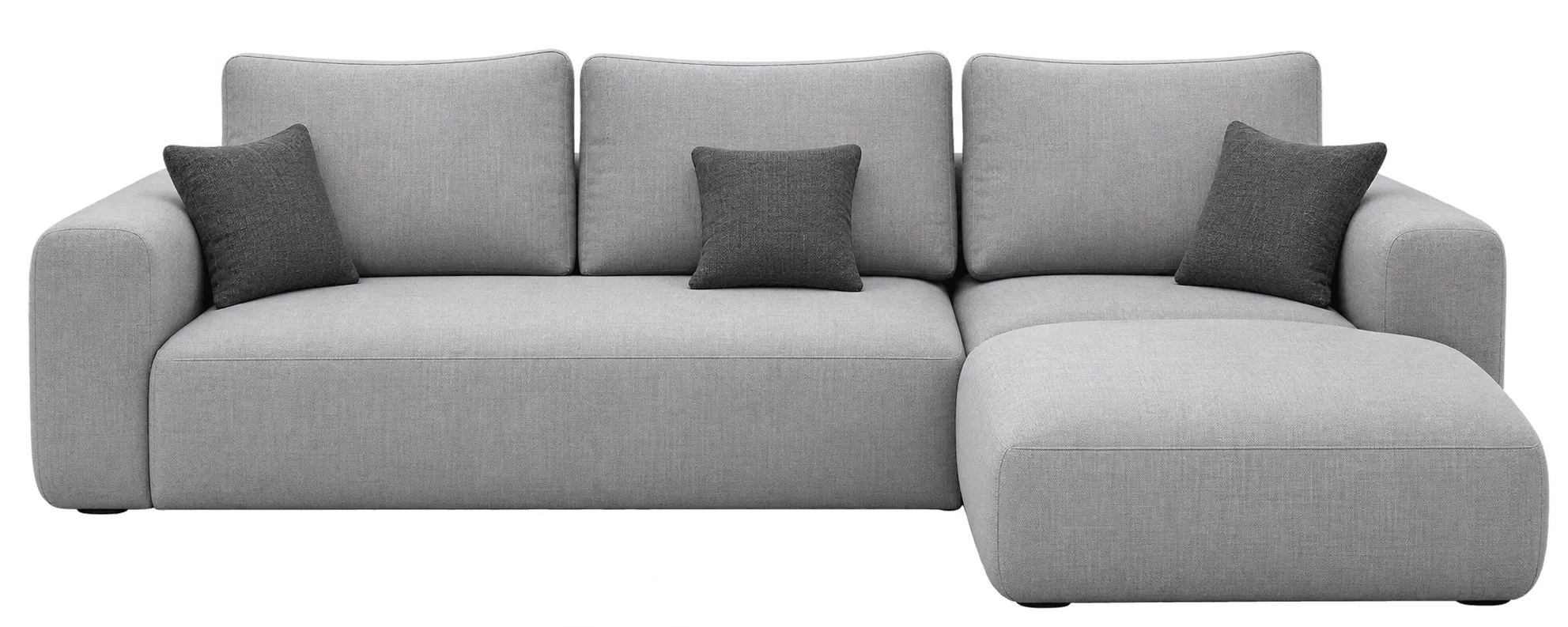 Grey sectional sofa with chaise extension and square cushions.