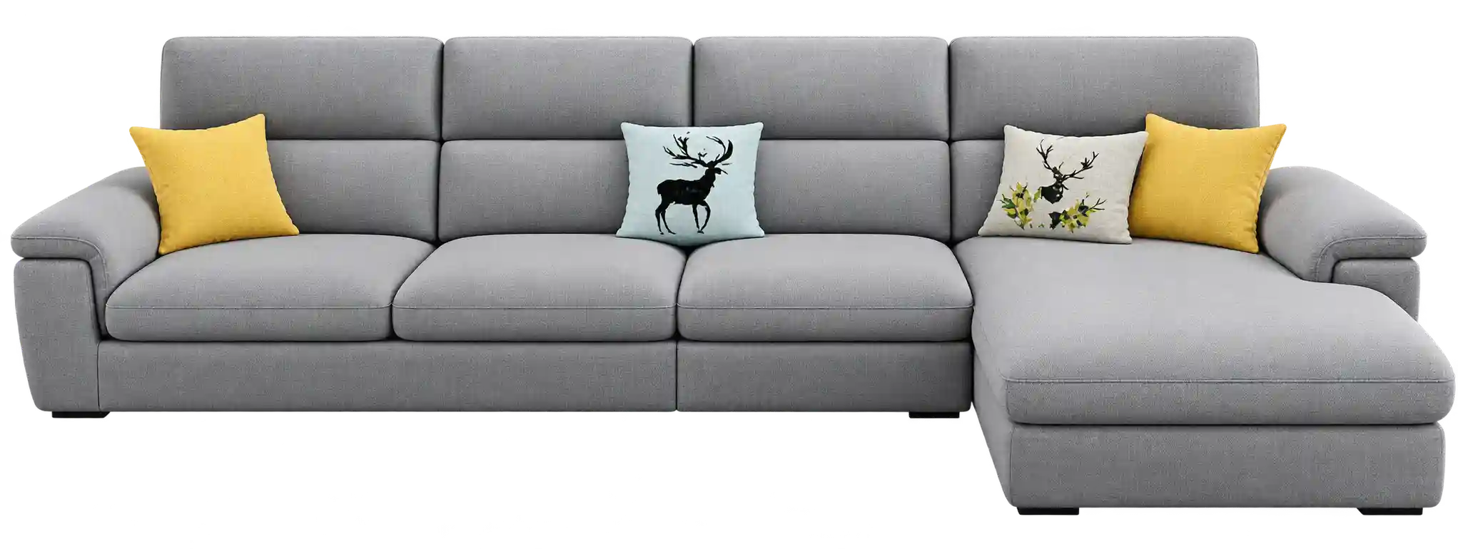 Grey modular sofa Qatar with yellow accent cushions and an extended chaise lounge.