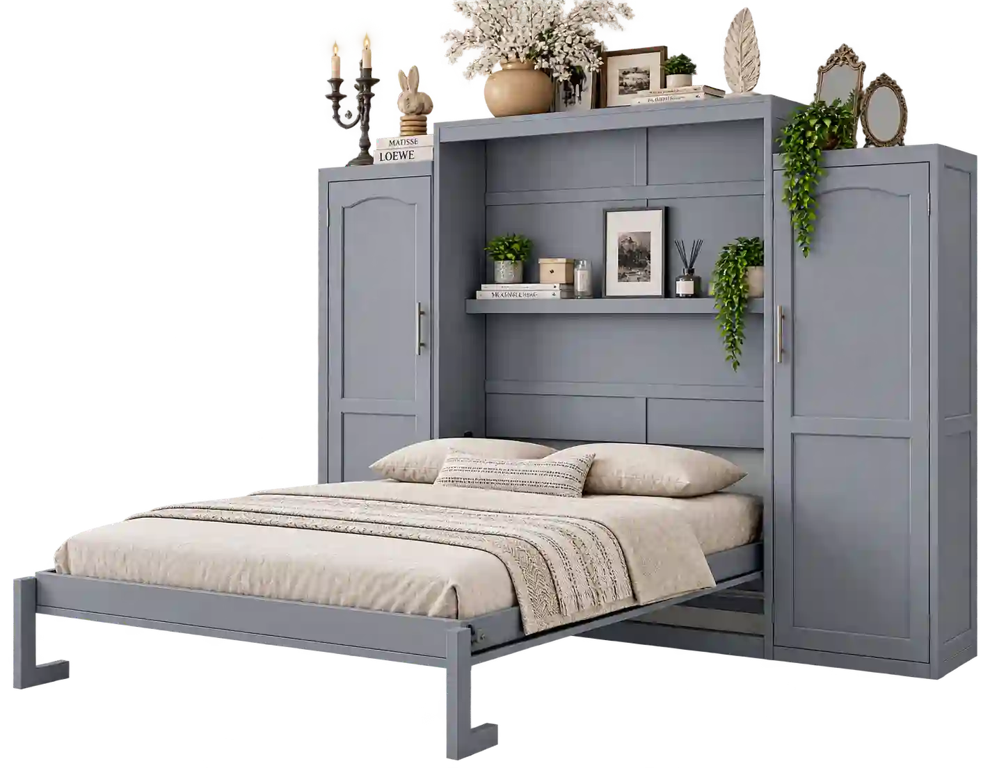 Grey Murphy bed with open storage shelving.
