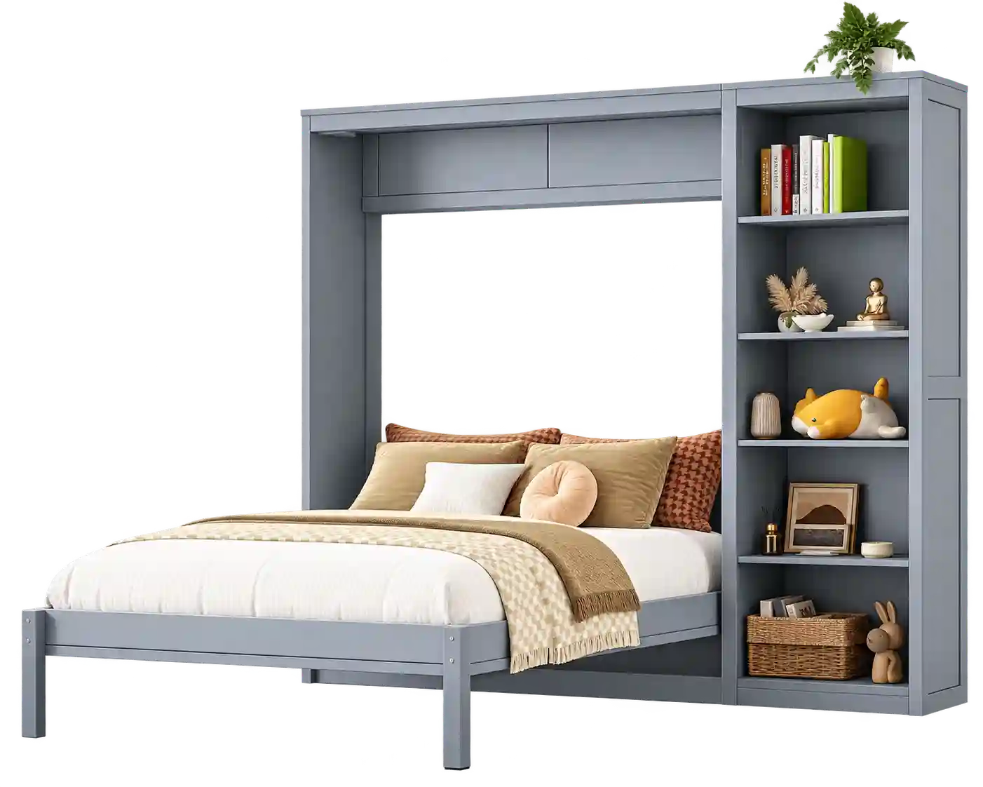 Grey Murphy bed with side storage compartments.
