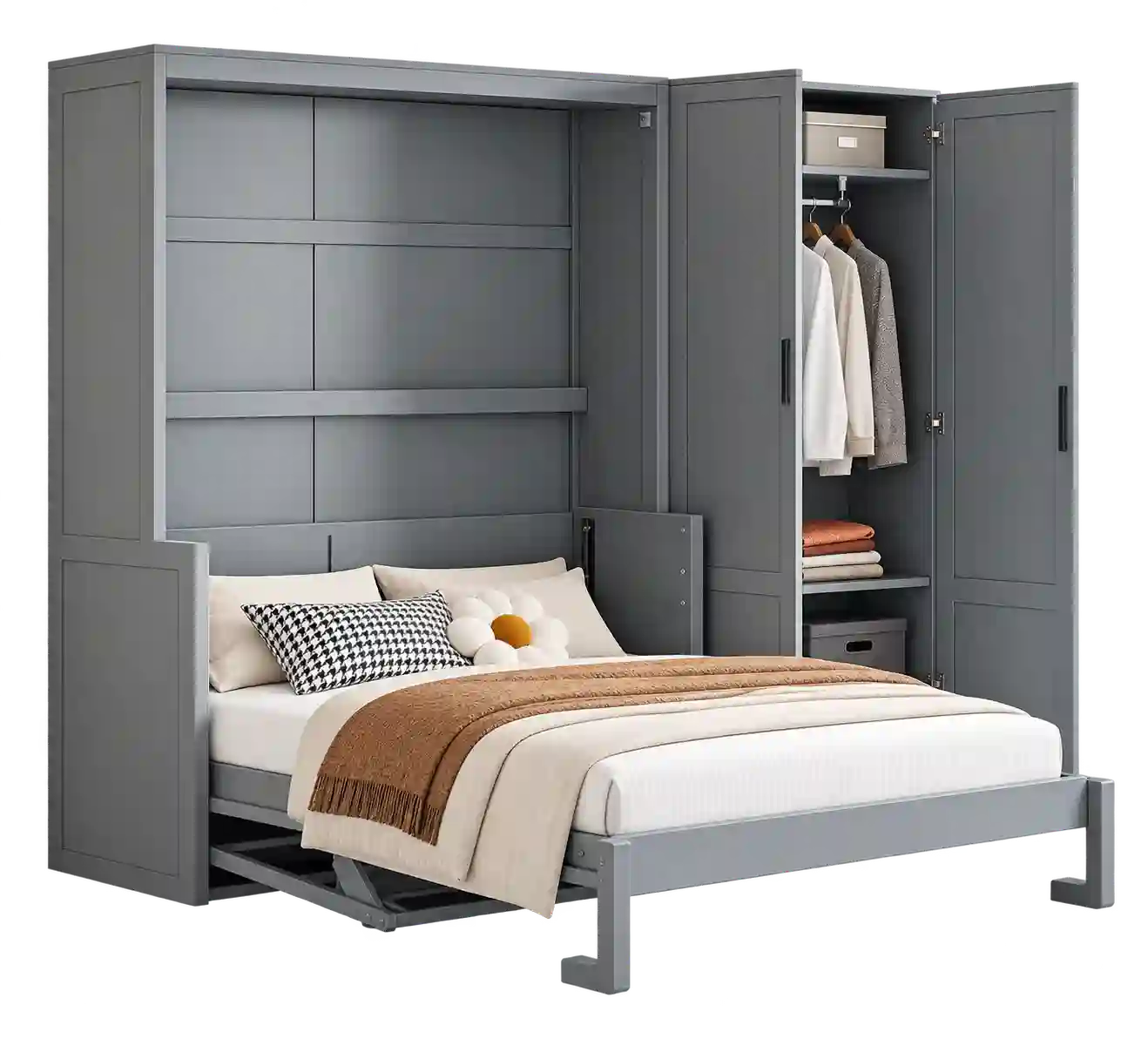 Grey storage Murphy bed with side shelving.