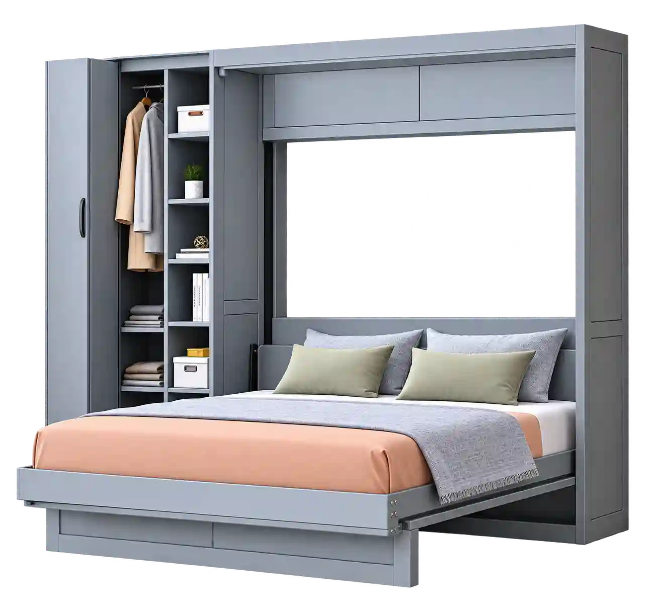 Grey Murphy bed with integrated TV cabinet.