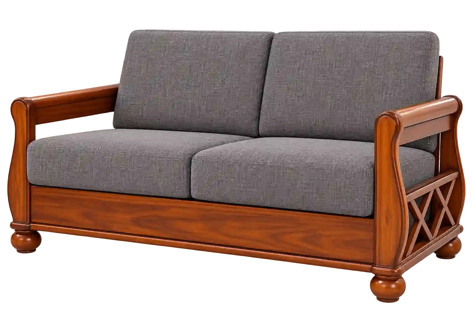 Grey upholstered sofa with dark wooden frame.