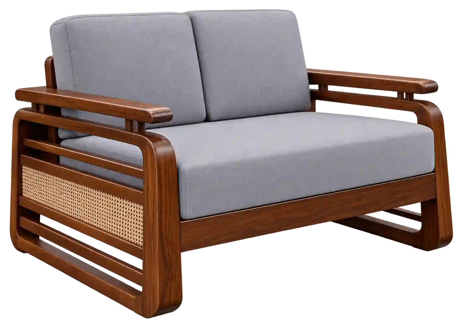 Grey sofa with wide wooden armrests.