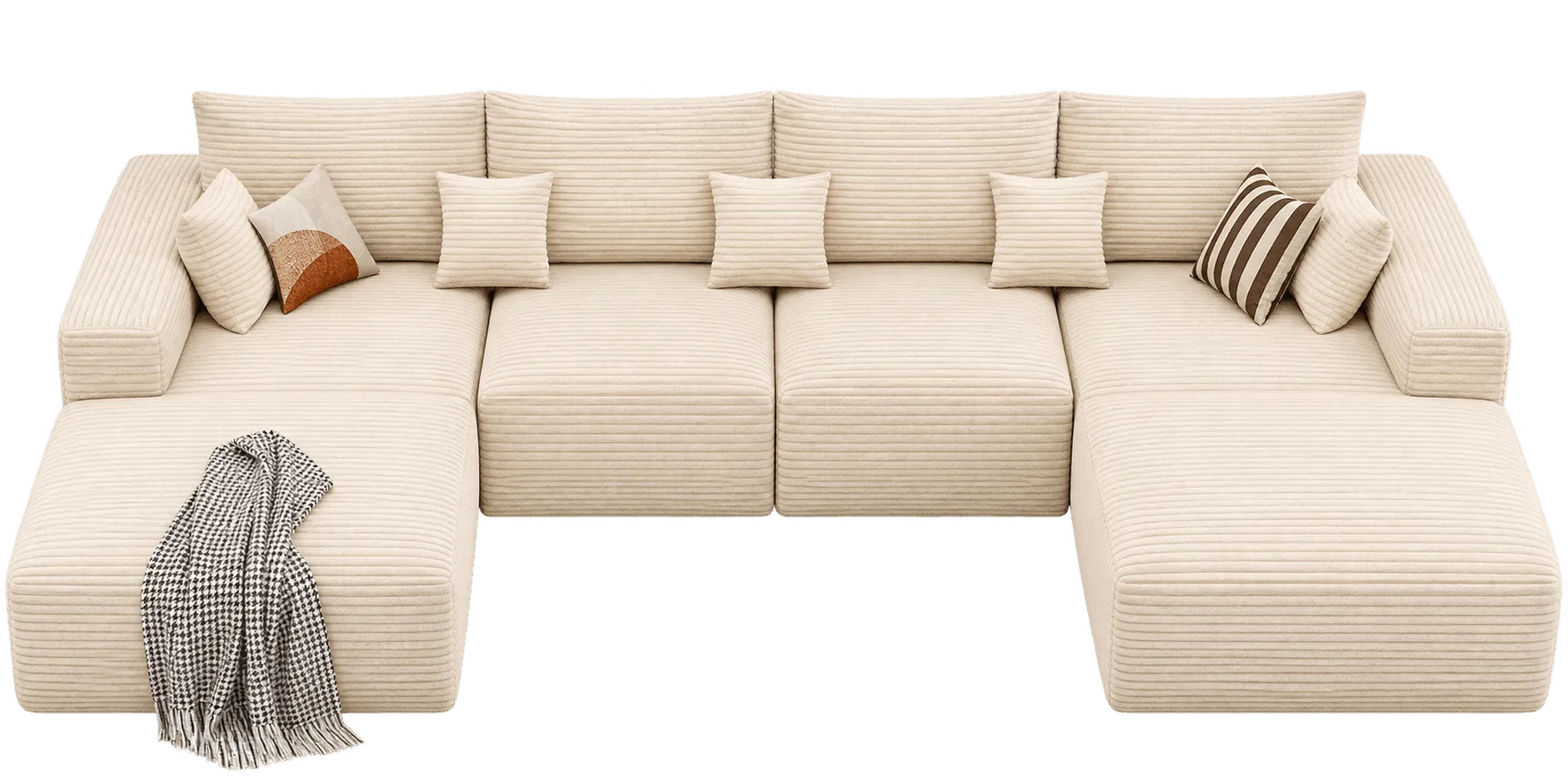 Large cream U-shaped sectional with decorative cushions.