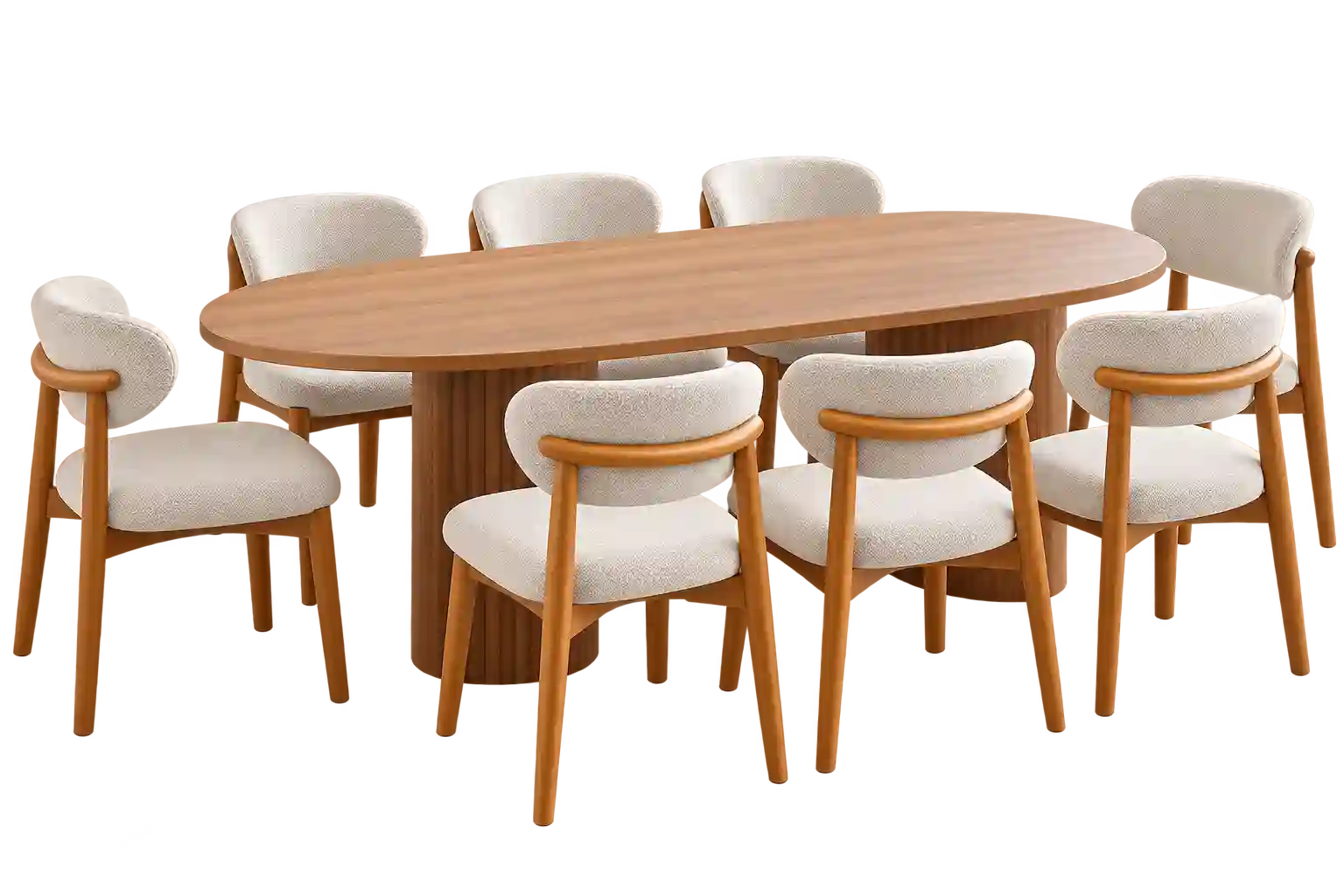 Long wooden dining table with matching chairs.