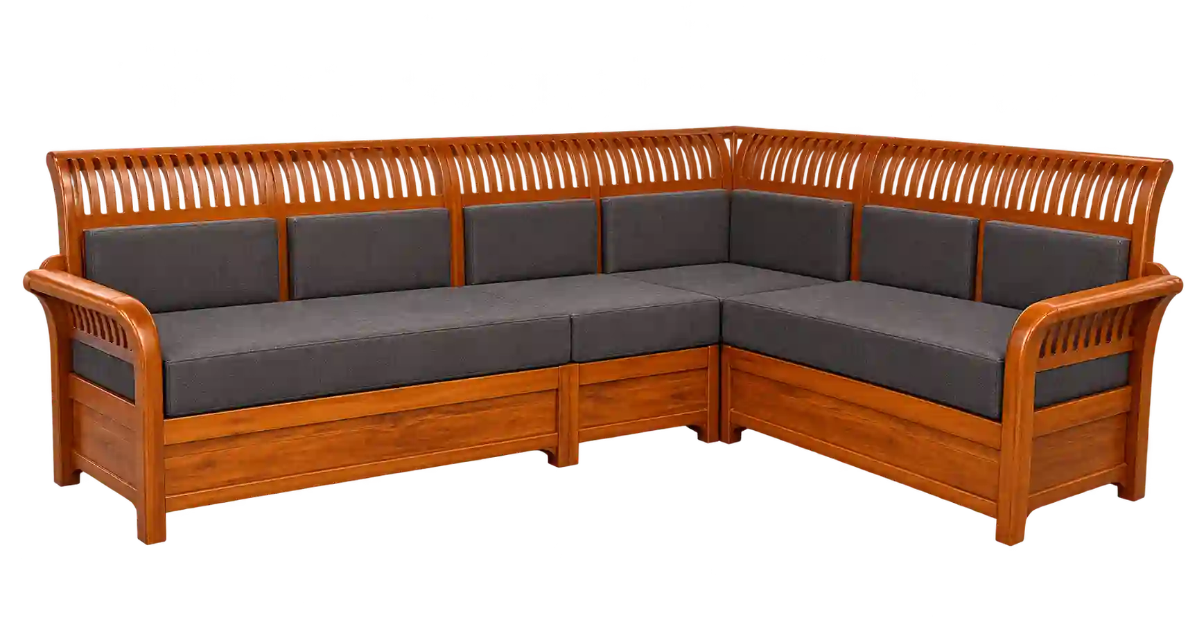 Long wooden sofa bench with upholstered seating.