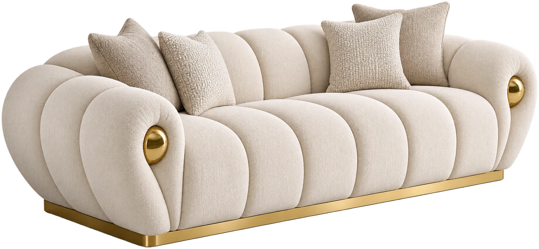 Beige upholstered sofa with tufted backrest and decorative arm details.