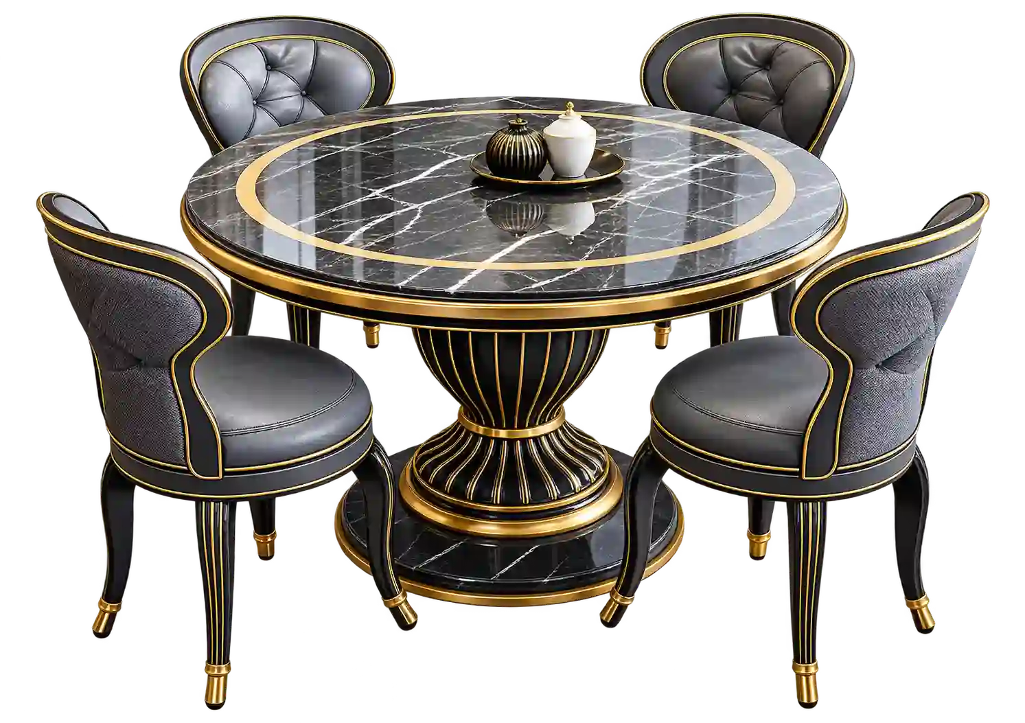 Round marble dining table with four upholstered chairs.