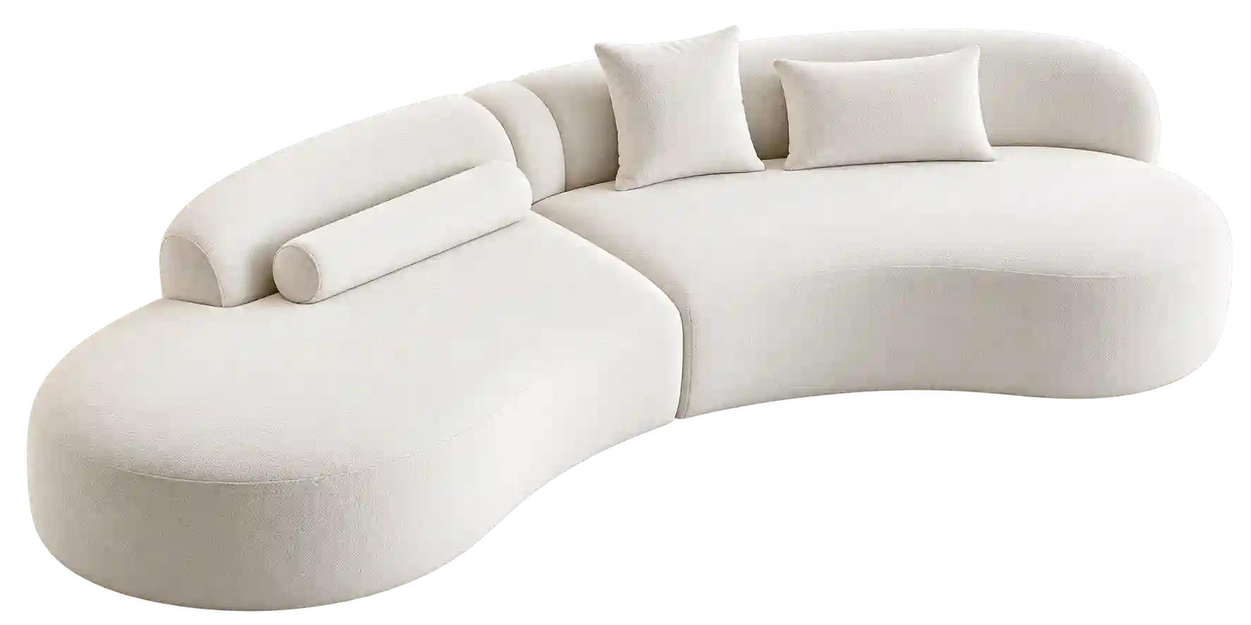 Luxury white curved sofa with a sculptural silhouette and soft upholstered finish.
