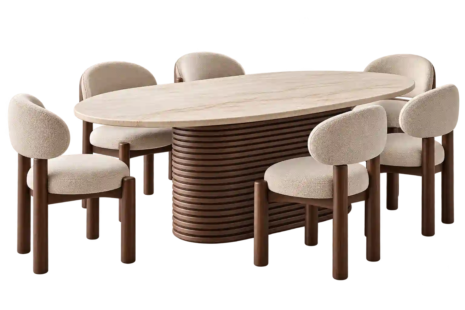 Modern brown dining table with upholstered chairs.