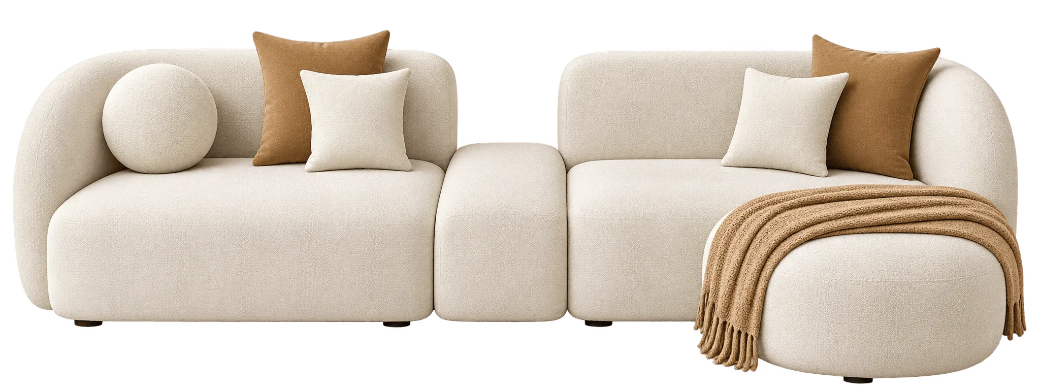 Cream modular sofa with brown accent cushions and rounded ends.