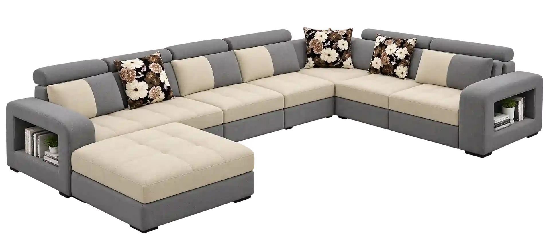 Modern L-shaped sectional sofa with grey upholstery, patterned cushions and a matching chaise.