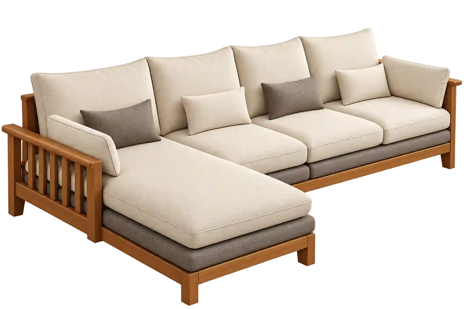 Modern sectional sofa set with wooden armrests and upholstered cushions.