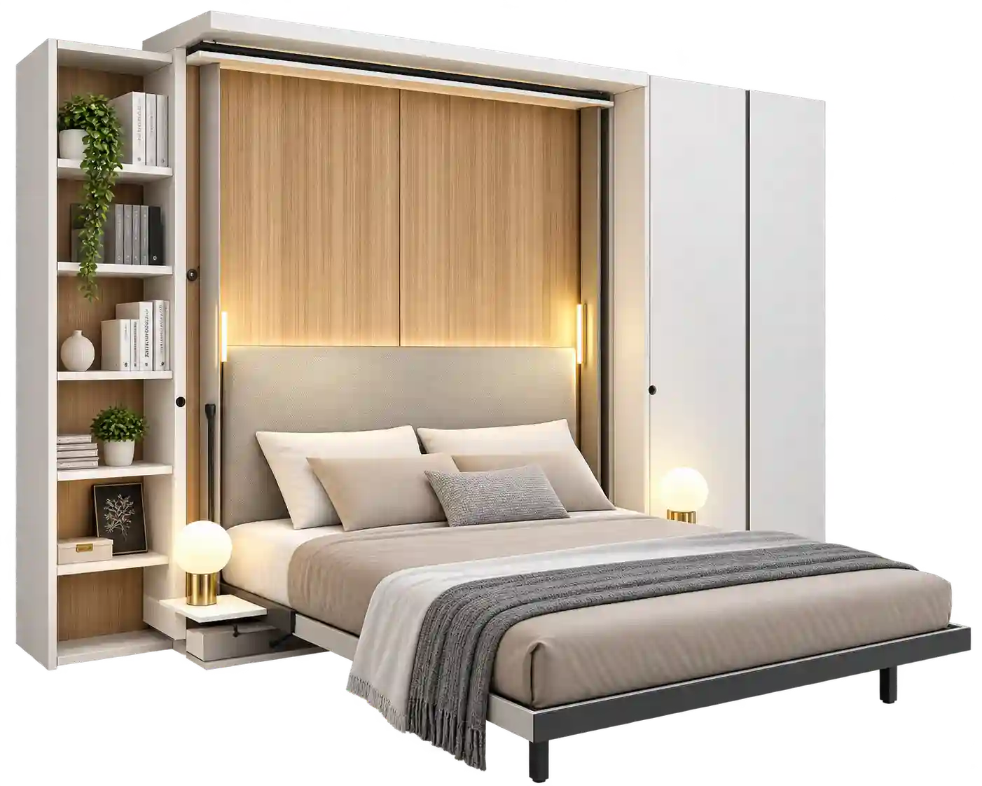 Modern wall bed with built-in storage and shelving.