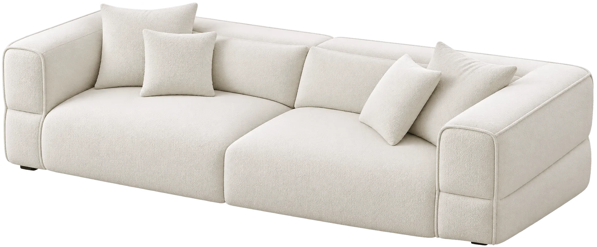 Modern white sofa with broad arms and separate back cushions.