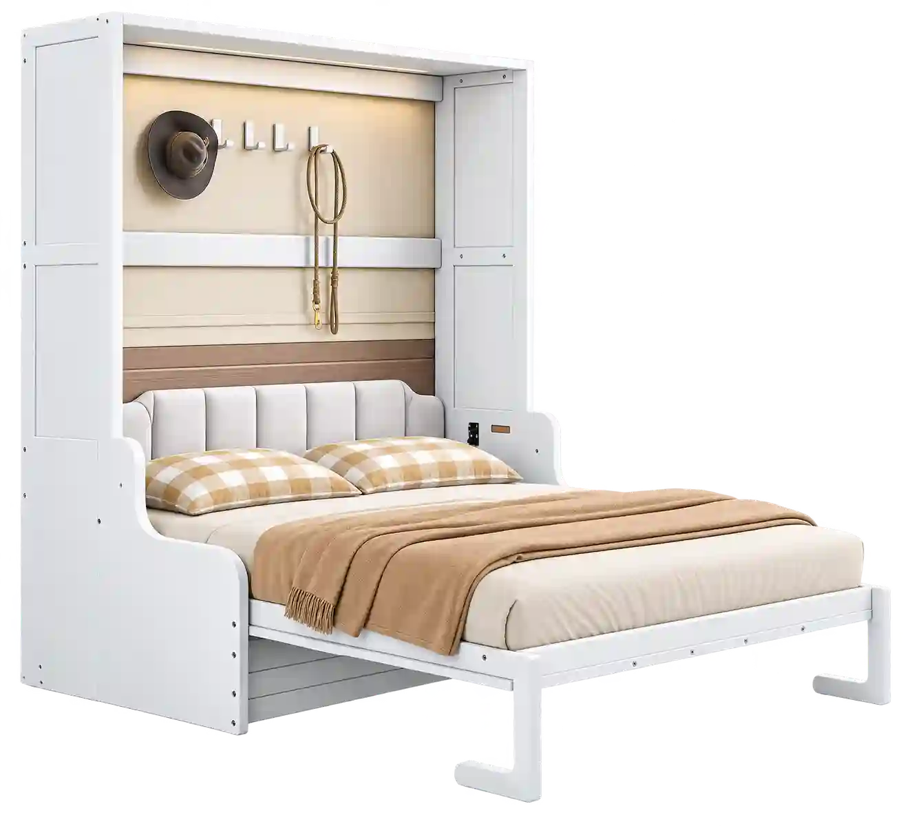 Modern white Murphy wall bed with integrated storage.