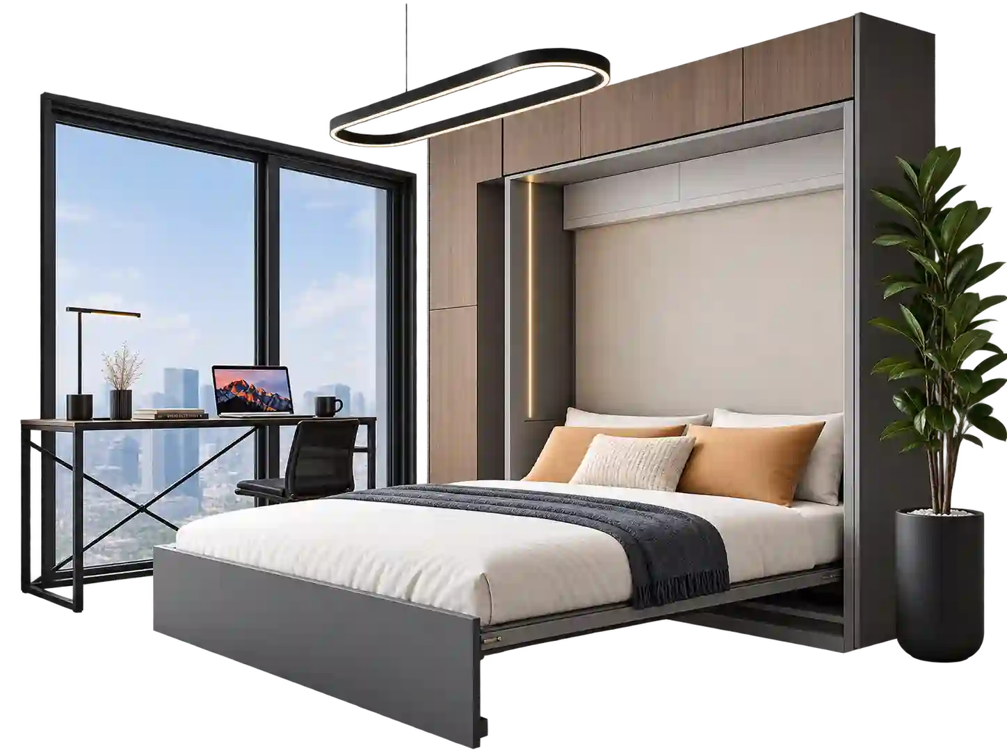 Modern Murphy bed positioned near large windows.
