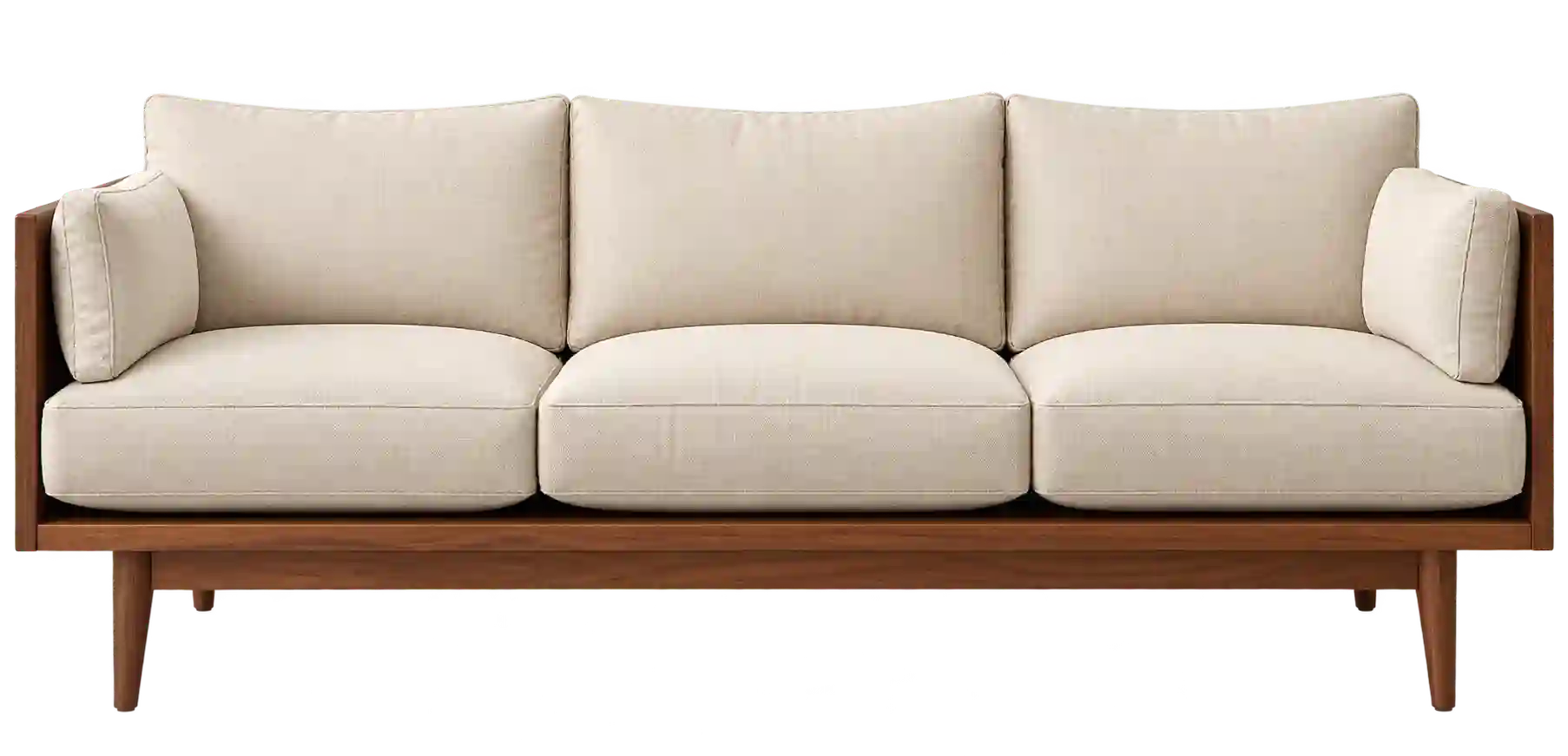 Modern wooden sofa in Qatar with minimalist frame and upholstered cushions.