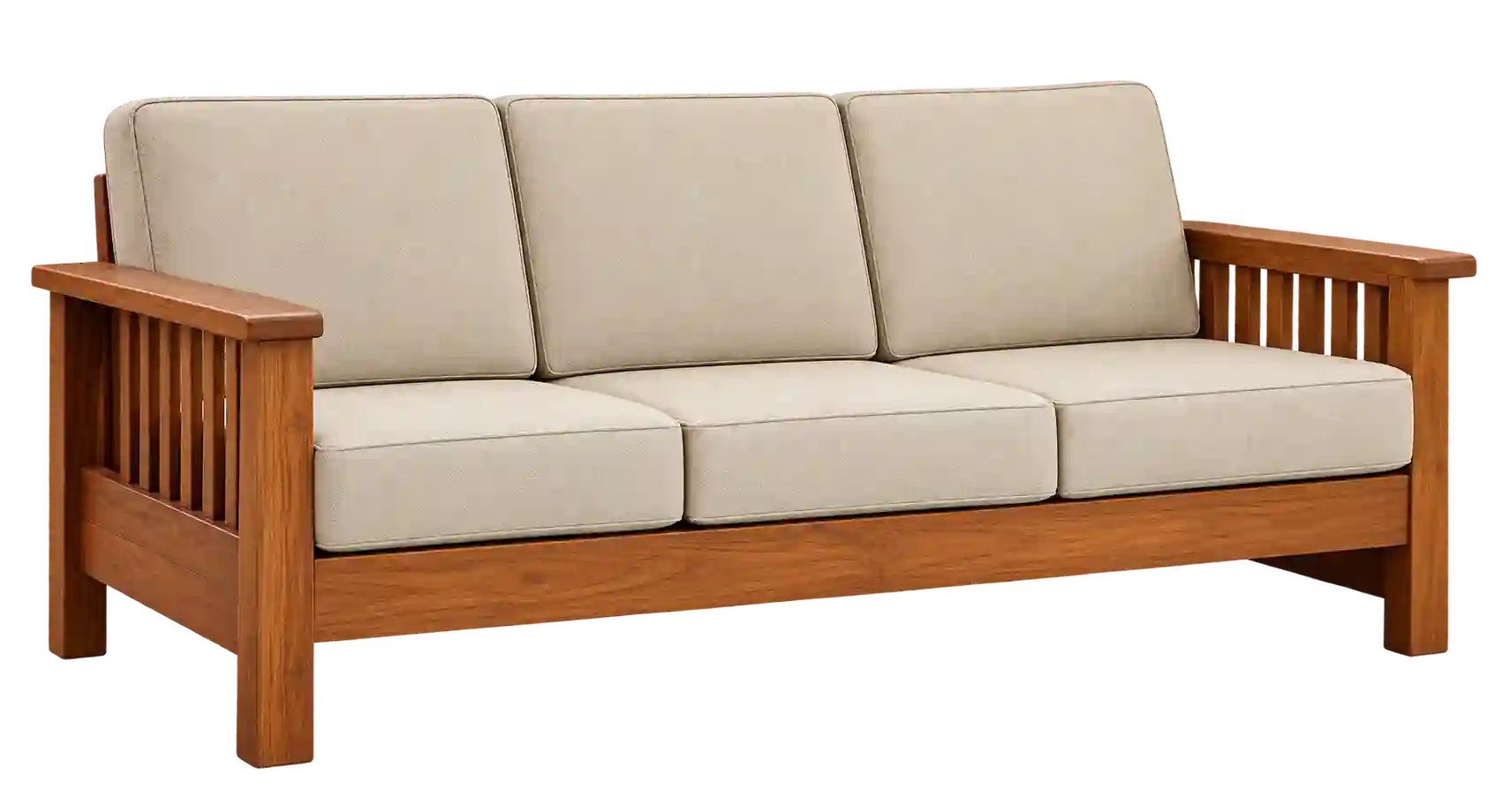 Natural wood three-seater sofa with cream cushions.